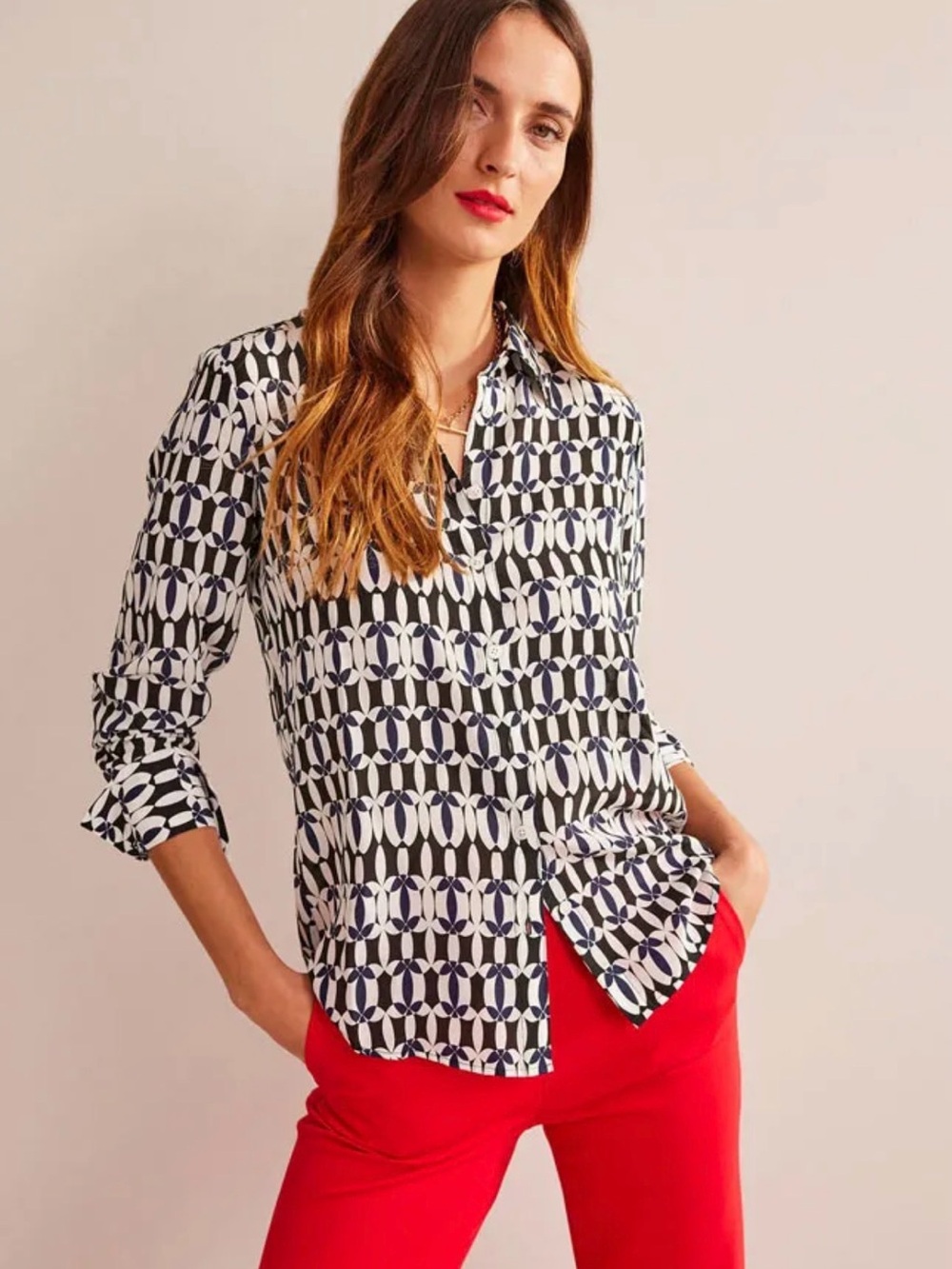 Boden 100% Silk Black & White Geometric Button-Down Shirt
